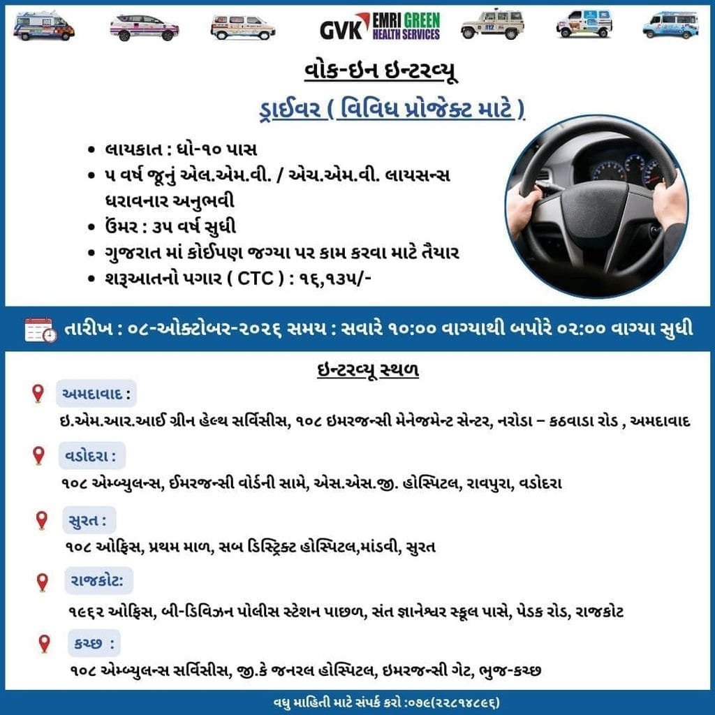 ગુજરાત 108 માં ભરતી 2026 | GVK EMRI 108 Gujarat Recruitment 2026 | JOB OJAS