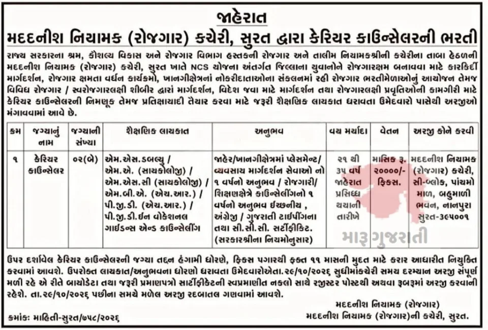 Assistant Director Employment Office Surat Bharti 2026 Apply for Career Counsellor