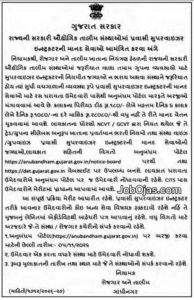 ITI Gujarat Bharti 2026 Pravasi Supervisor Instructor Bharti